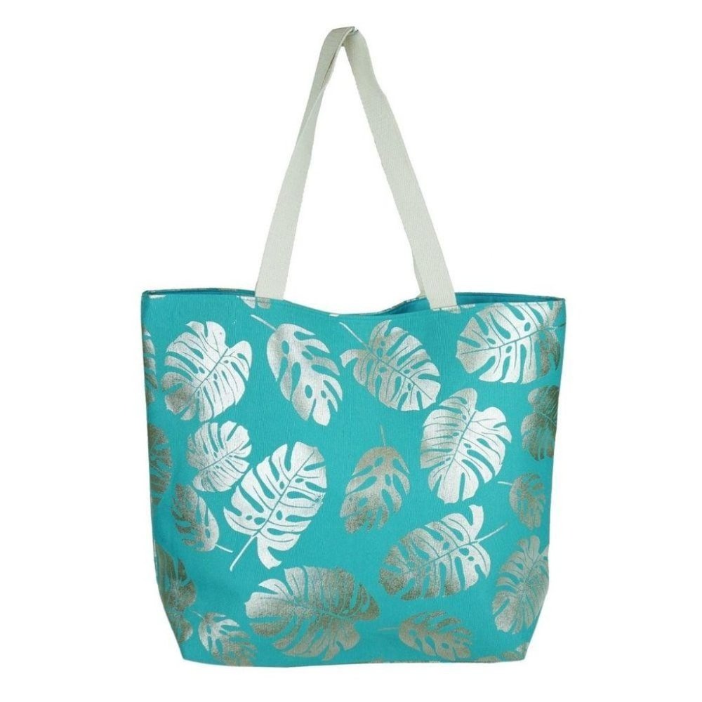 Metallic Palm Leaf Tote Bag-Turquoise
